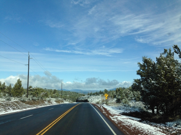 Spring snowfall along E. Juniper Canyon Road exiting Prineville Reservoir State Park, OR